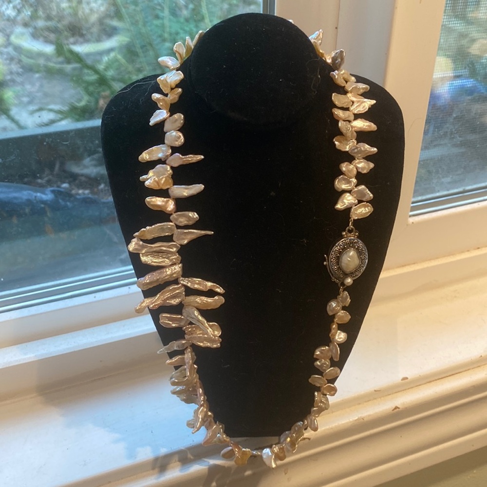 Irregular Freshwater Pink Baroque Pearl Necklace with Sterling Clasp & 2 Pearls